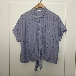 Beach Lunch Lounge Shirt Top Womens Sz XL Blue Striped Flamingo Print Tie Front
